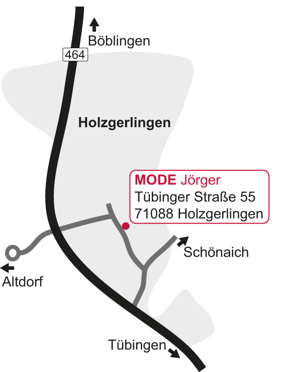 Anfahrtsskizze: MODE Jörger, Tübinger Straße 55, 71088 Holzgerlingen — zwischen Böblingen und Tübingen an der B464